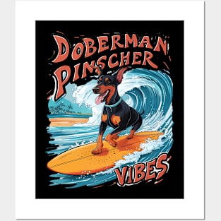 Surfing Doberman Pinscher Riding Tropical Wave Posters and Art